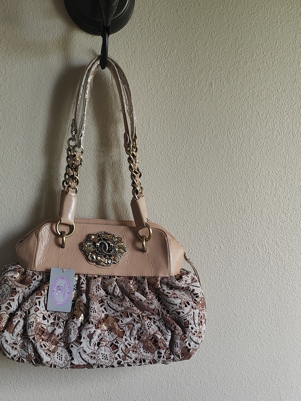 Sharif All Leather Ladies Beige LeathLace-Accent Shoulder Bag with Gold Hardware